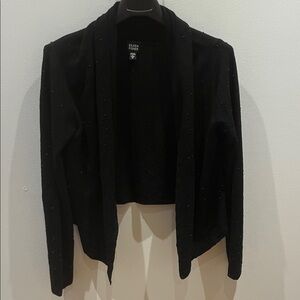 Eileen Fisher Merino Wool Black Beaded Cardigan Sweater with Waterfall Design